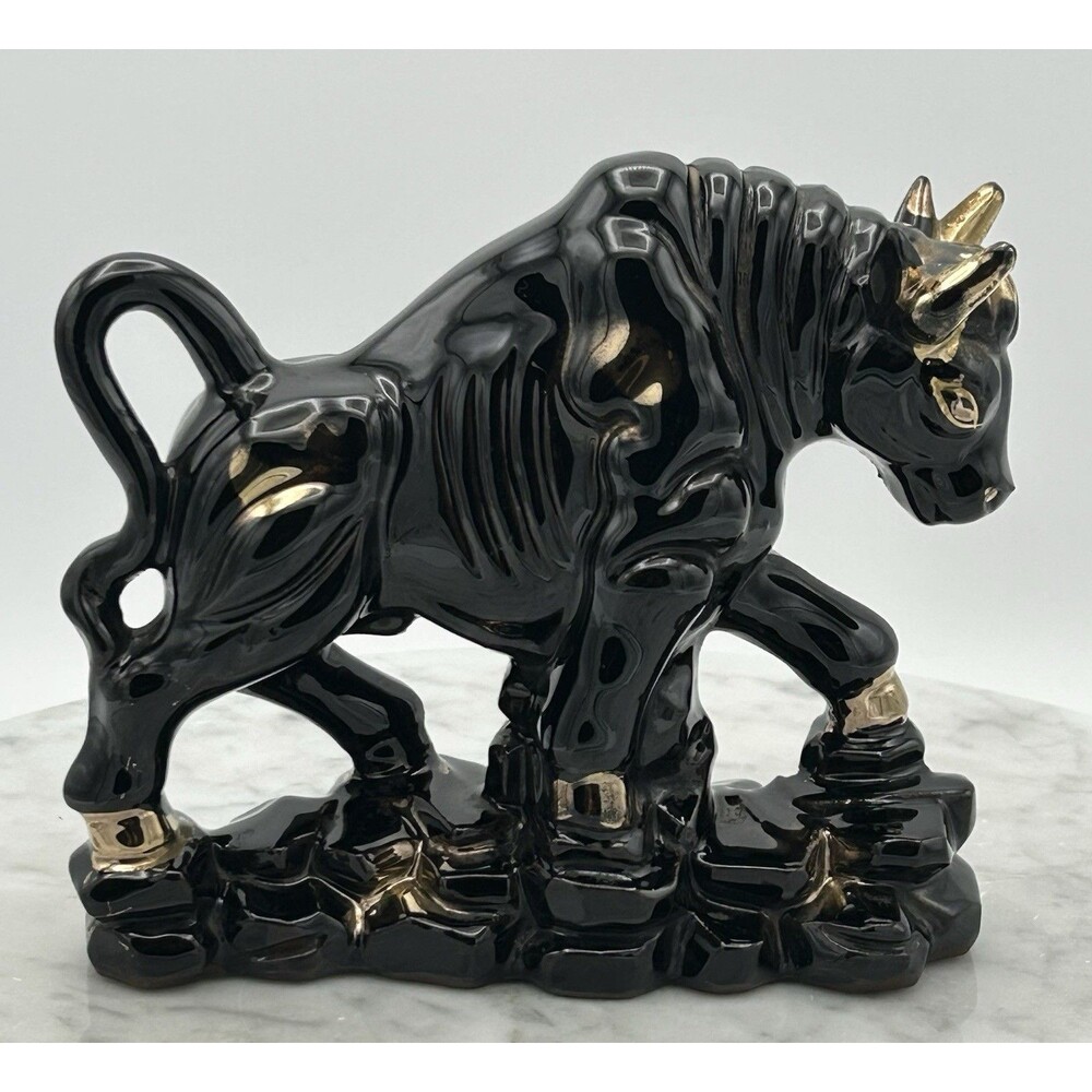 Vtg MCM Japanese Bull Pottery Black & Gold Hand Painted Accents Red Clay - Picture 1 of 8